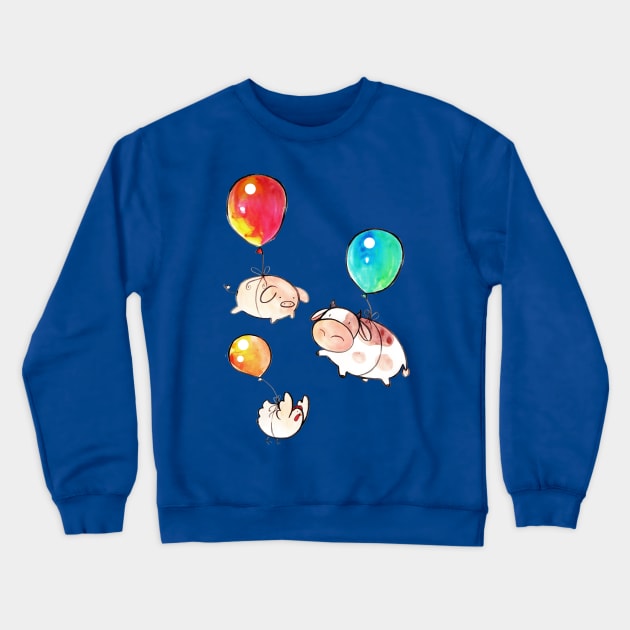 Watercolor Balloon Cow, Pig and Chicken Crewneck Sweatshirt by saradaboru